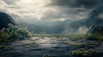 A mountain range with a cloudy sky and a field of grass photo