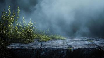 A blurry image of a stone ledge with a bunch of green plants growing on it photo