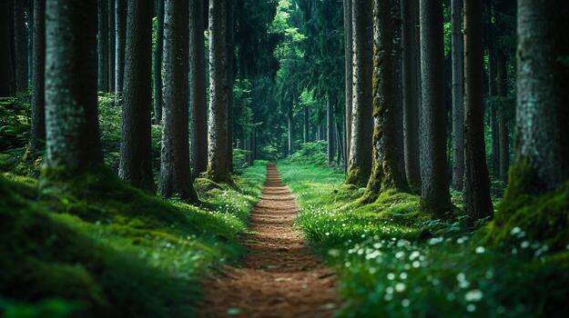 A path through a forest with trees on either side photo