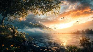 A beautiful landscape with a lake and a forest photo