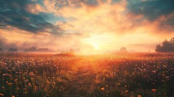 A field of grass with a sun in the sky photo