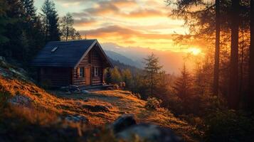 A cabin in the woods with a view of the mountains and a sunset photo