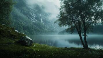 A serene and peaceful scene of a lake surrounded by mountains and a tree photo