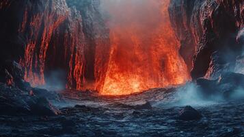 A lava flow is seen in the distance, with a large red and orange fire photo