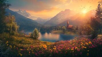 A beautiful landscape with a lake and mountains in the background photo