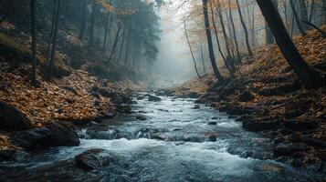 A stream of water flows through a forest photo