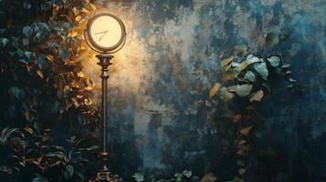 A clock is lit up in the dark, with a green background photo