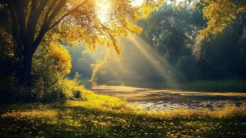 A beautiful sunny day in a park with a tree in the foreground photo
