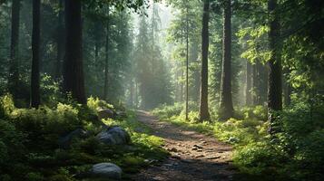 A forest path with trees and rocks photo