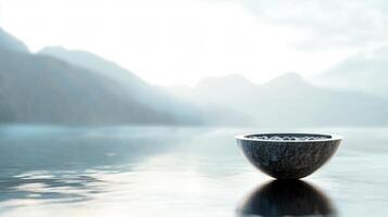 A bowl is floating on the surface of a lake photo