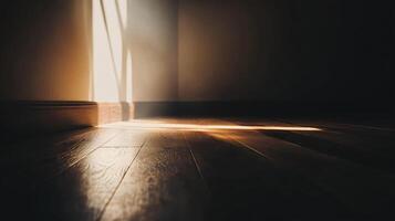 A room with a window and a light shining on the floor photo
