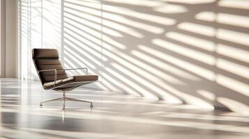 A chair is sitting in a room with a window photo