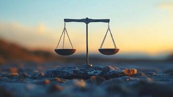 A scale is suspended in the air with a rock on each side photo