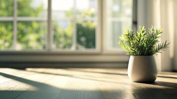 A potted plant sits on a wooden table in front of a window photo