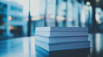 A stack of books is on a table photo