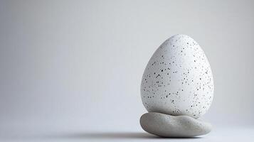 A white egg shaped object sits on top of a gray rock photo