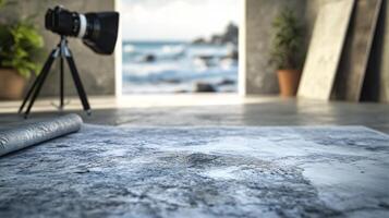 A camera is set up in front of a large piece of paper with a map on it photo