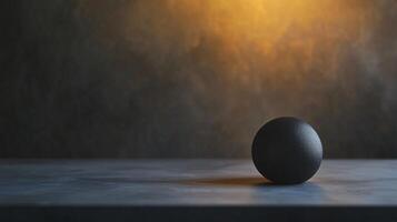 A black avocado sits on a table in front of a wall photo