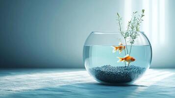 A fish tank with two goldfish and a plant in it photo