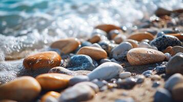 A beach with a large pile of rocks on it photo