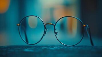 A pair of glasses is sitting on a table photo