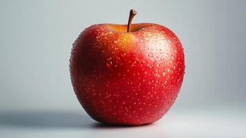 A red apple with a stem is sitting on a white surface photo