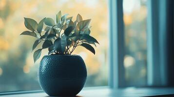 A small plant is in a blue vase on a windowsill photo