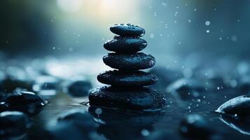 A stack of rocks is sitting on a body of water photo