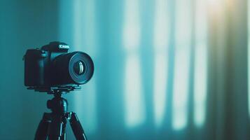 A Canon camera is on a tripod, ready to take a picture photo