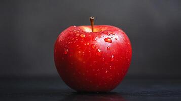 A red apple with a stem is sitting on a black surface photo