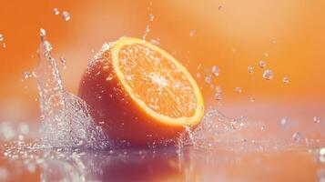 A splash of water surrounds a single orange slice photo