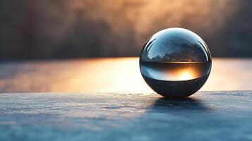 A clear glass ball is sitting on a surface photo