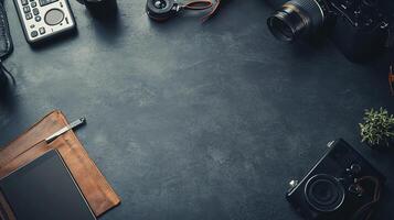 A camera and other photography equipment are displayed on a table photo