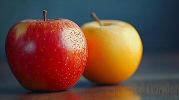 Two apples are on a table, one red and one yellow photo