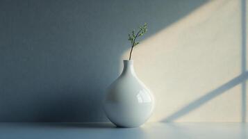 A white vase with a green leaf in it sits on a table photo