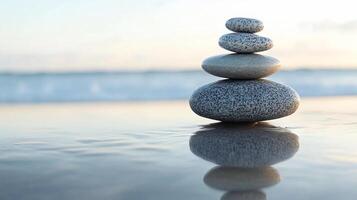 A stack of rocks on a beach photo