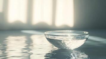 A bowl of water sits on a table, reflecting the light from a window photo