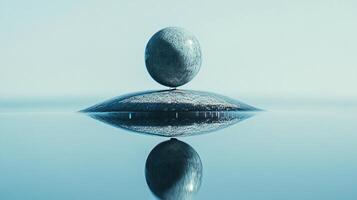 A large rock is balanced on top of a smaller rock in a body of water photo