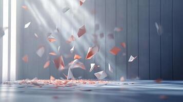 A room with a lot of paper flying around, creating a sense of chaos and disorder photo