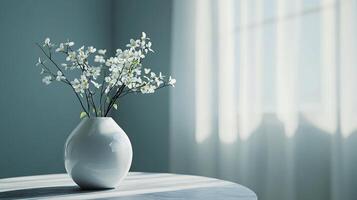 A white vase with flowers sits on a table in a room with a window photo
