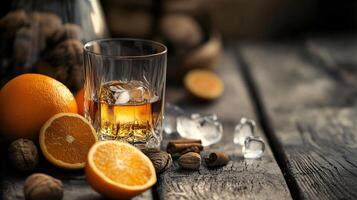 A glass of liquor is on a table with oranges and nuts photo