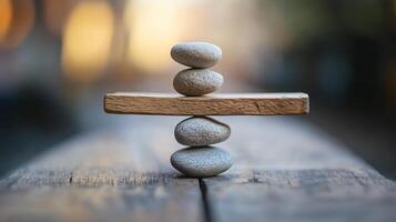 A stack of four rocks on top of a wooden board photo
