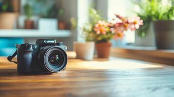 A camera sits on a wooden table with a vase of flowers in the background photo