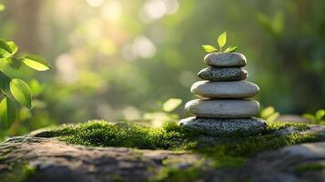 A small stack of rocks is on a mossy rock photo