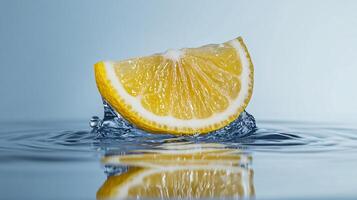 A slice of lemon is floating in a pool of water photo