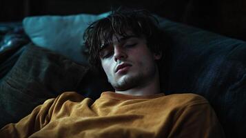 A man in a yellow sweater is sleeping on a couch photo
