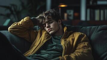 A man in a yellow jacket is sleeping on a couch photo