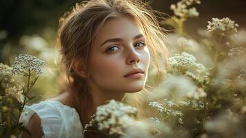 A woman is standing in a field of flowers photo