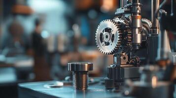 A machine with a large gear is on a table photo