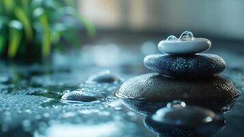 A series of rocks are sitting on top of a body of water photo